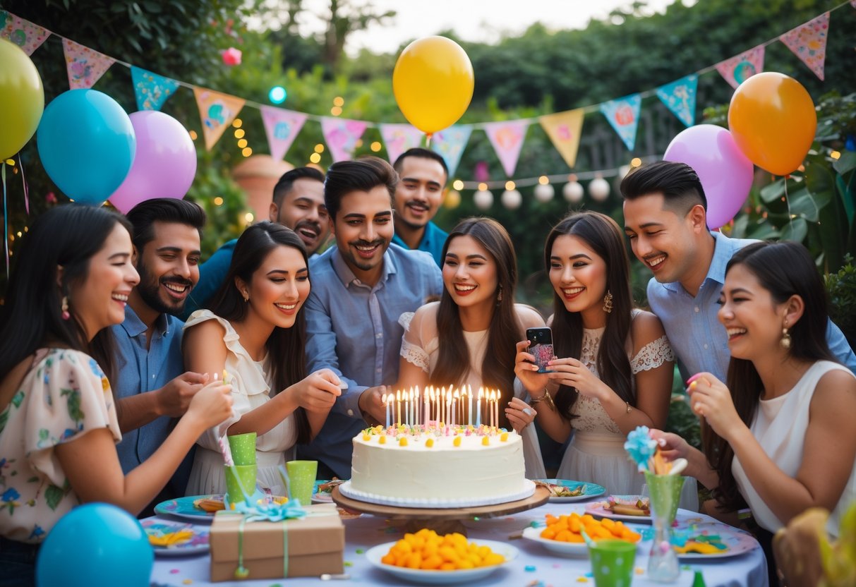 A group of people celebrating a birthday outdoors with balloons, cake, and gifts in a decorated garden.