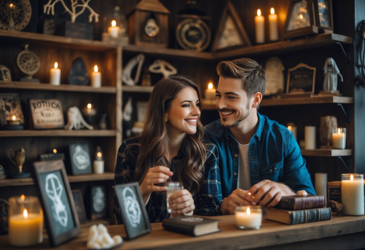 A young couple smiling and exploring paranormal-themed items inside a cozy specialty store.