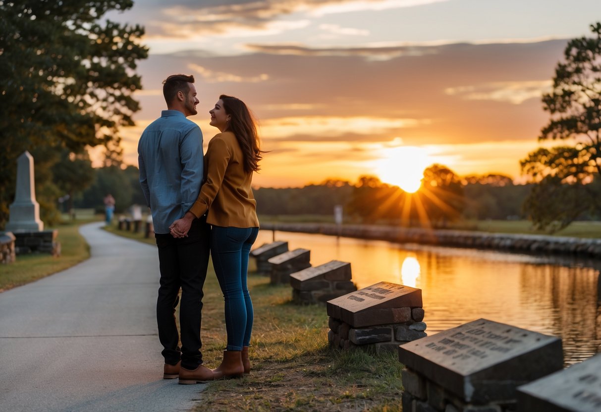 A couple standing together watching the sunset along a scenic trail with trees and historic stone walls.