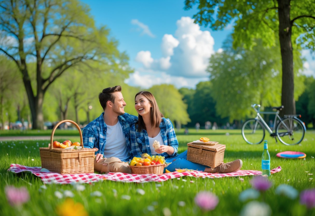 A young couple having a picnic on a blanket in a sunny park surrounded by trees and flowers.