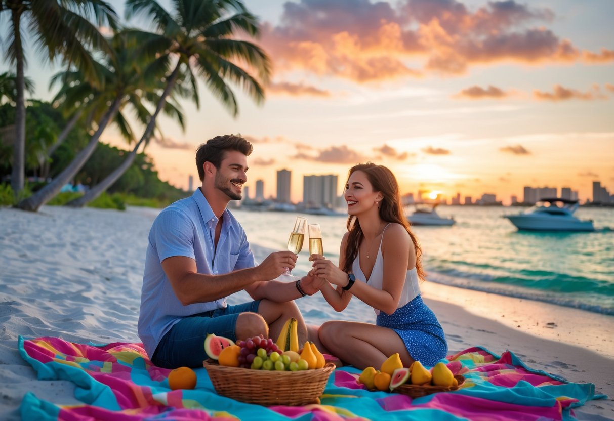 A couple enjoying a sunset picnic on a South Florida beach with palm trees, turquoise water, and a distant city skyline.