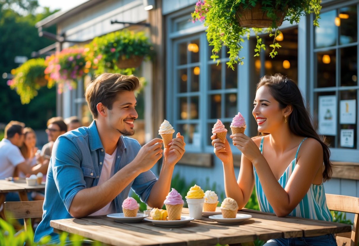 A young couple tasting ice cream together at an outdoor table outside a local creamery on a sunny summer day.