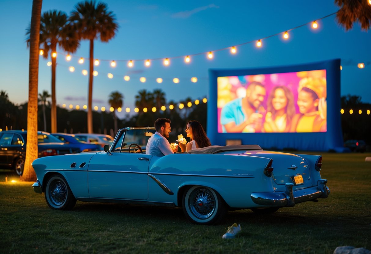 Couple enjoying a drive-in movie at Young Circle Outdoor Cinema in South Florida during sunset.