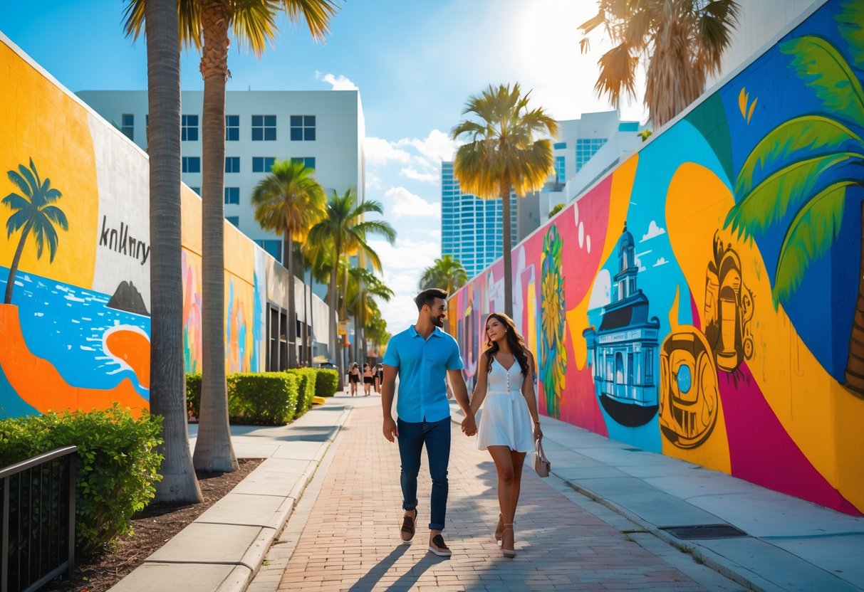 A young couple walking hand-in-hand along a street with colorful murals and palm trees in downtown Hollywood, South Florida.