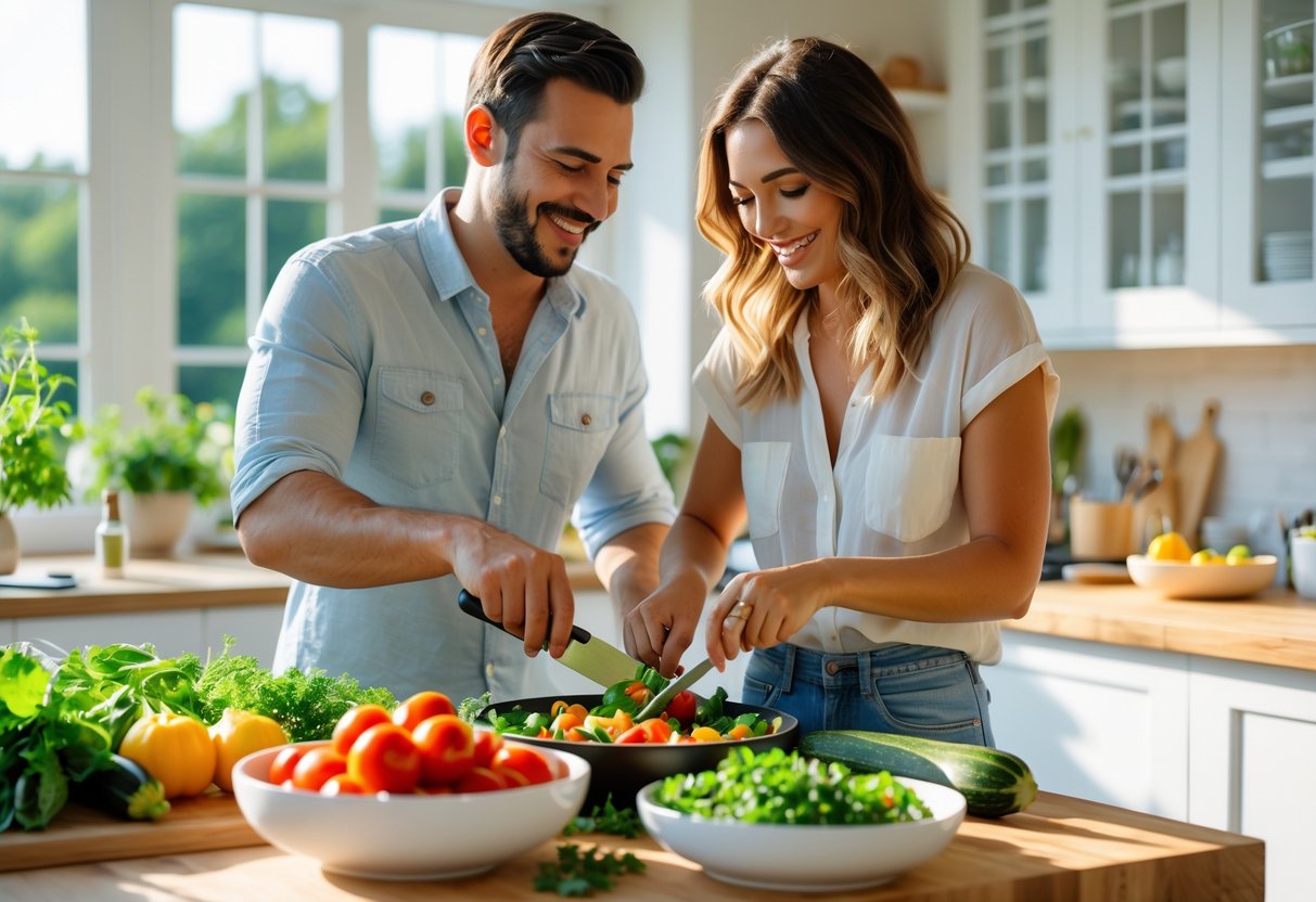A couple cooking fresh summer vegetables together in a bright kitchen.