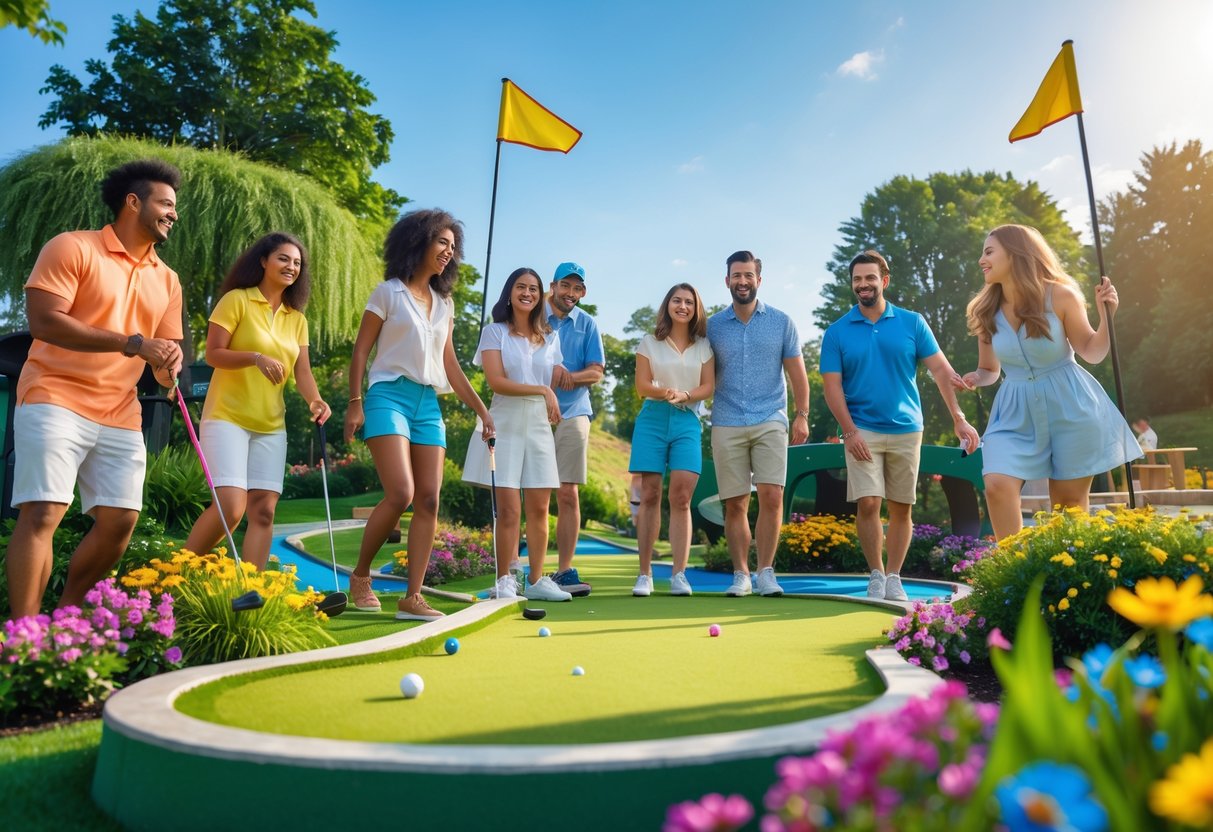 Couples and friends playing mini golf outdoors on a sunny summer day, surrounded by greenery and colorful course elements.