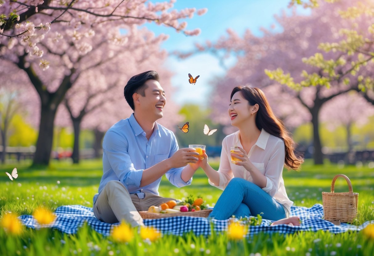 A couple sitting on a picnic blanket in a park surrounded by blooming cherry blossoms and green grass, enjoying a spring day together.