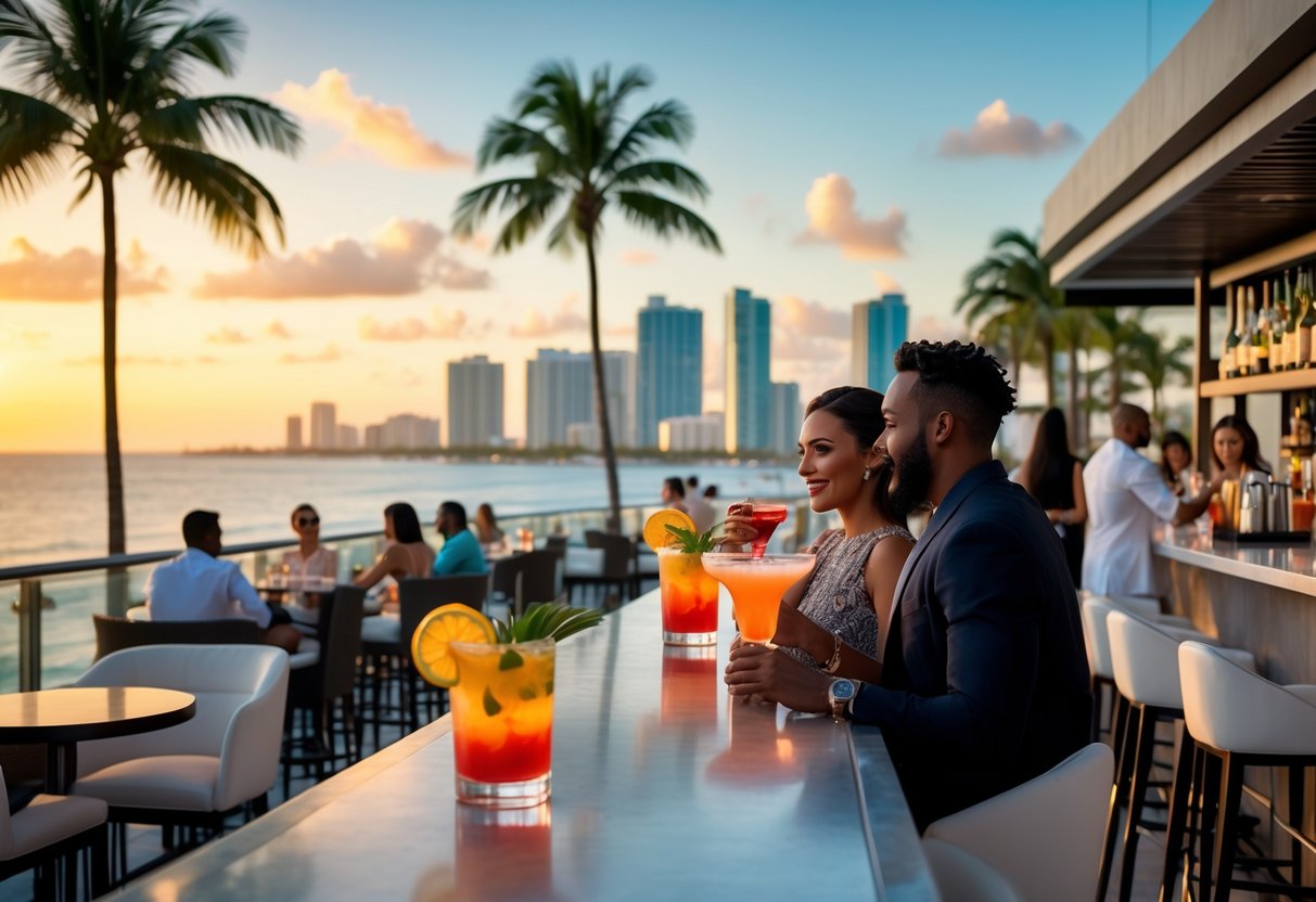 A couple enjoying cocktails at a rooftop bar with Miami Beach skyline and palm trees in the background at sunset.