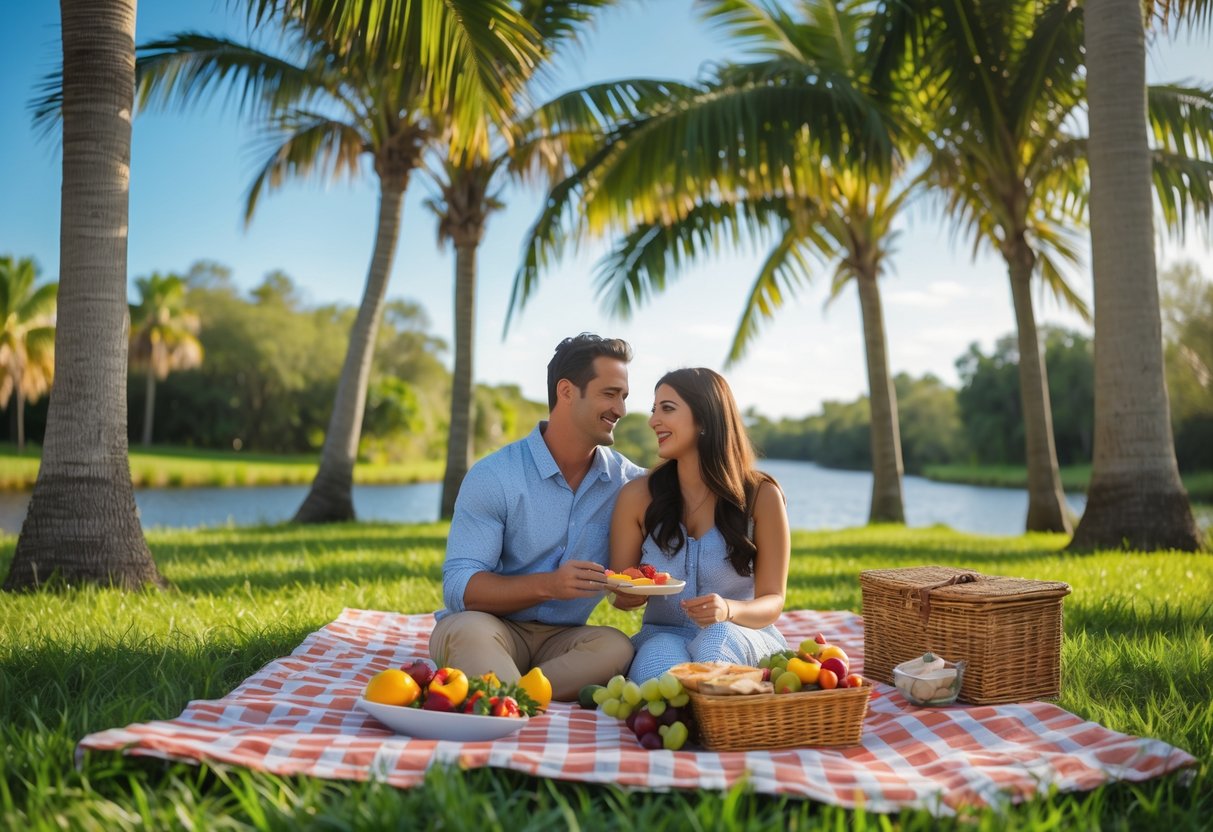 A couple enjoying a picnic on a blanket under palm trees in a lush park near water.