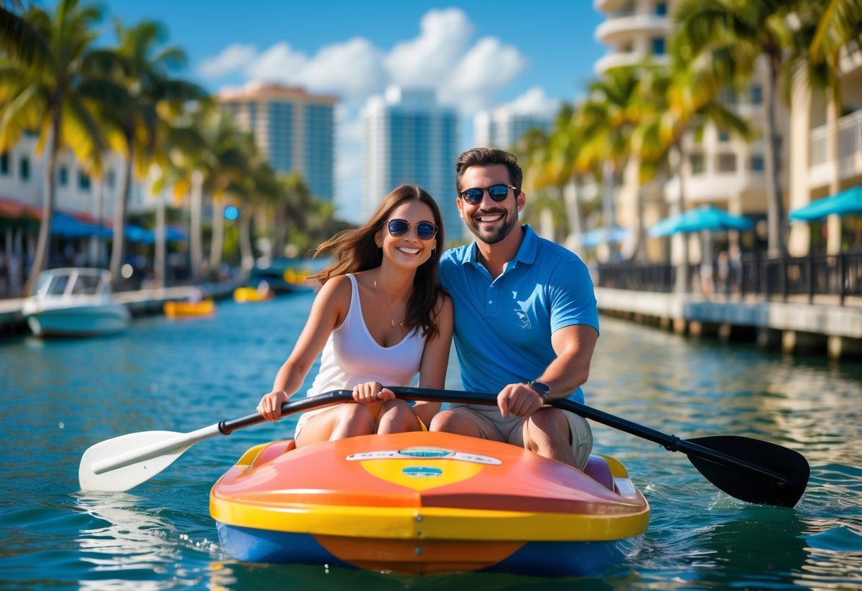 A couple paddle boating on a calm waterway near palm trees and waterfront buildings on a sunny day.
