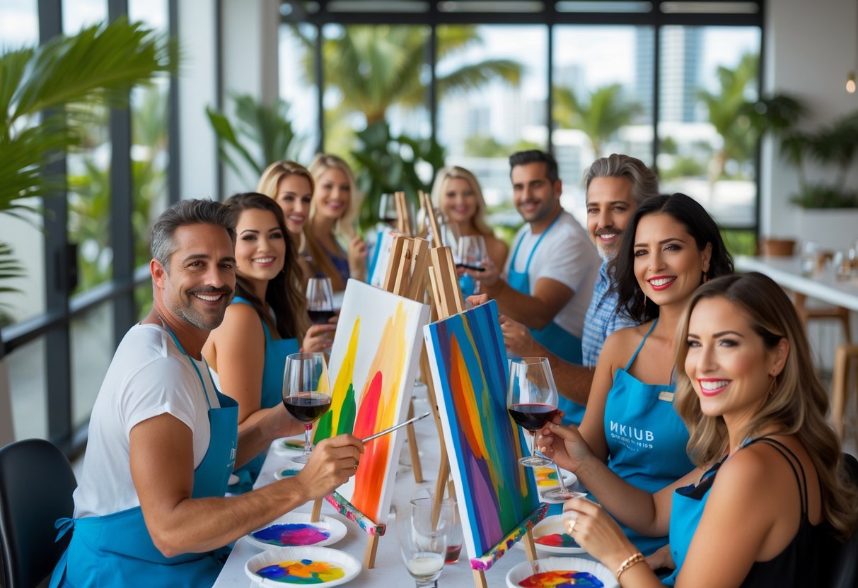 A group of adults painting on canvases and drinking wine together in a bright art studio with large windows and tropical plants.