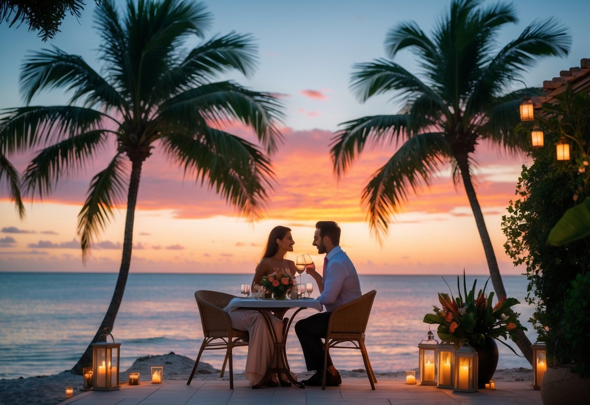 A couple having a romantic dinner at a beachside terrace with palm trees and ocean at sunset.