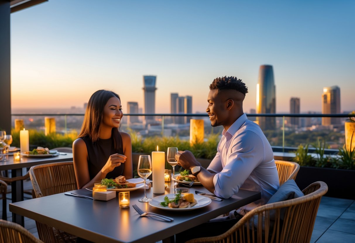 A young couple enjoying a romantic dinner at a rooftop restaurant with the Sandton skyline in the background.