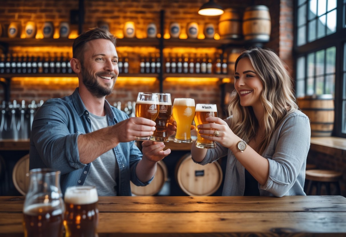 A couple clinking glasses of craft beer while sitting at a wooden table inside a brewery taproom.