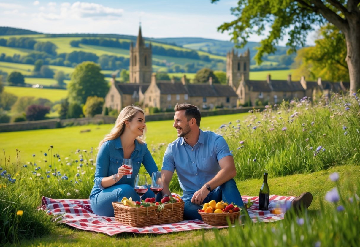 A couple enjoying a picnic in a green park with rolling hills and a village in the background.