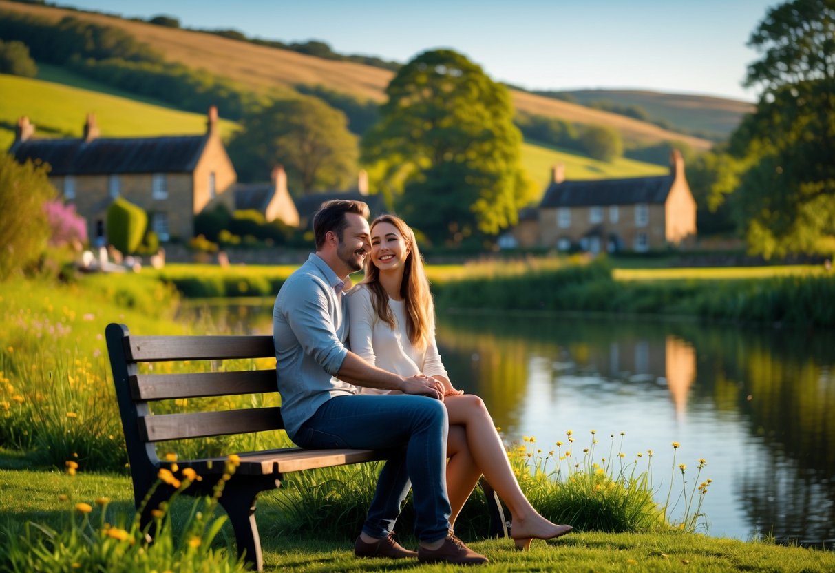 A couple sitting on a bench by a lake in the Staffordshire countryside, smiling and enjoying a peaceful moment together.