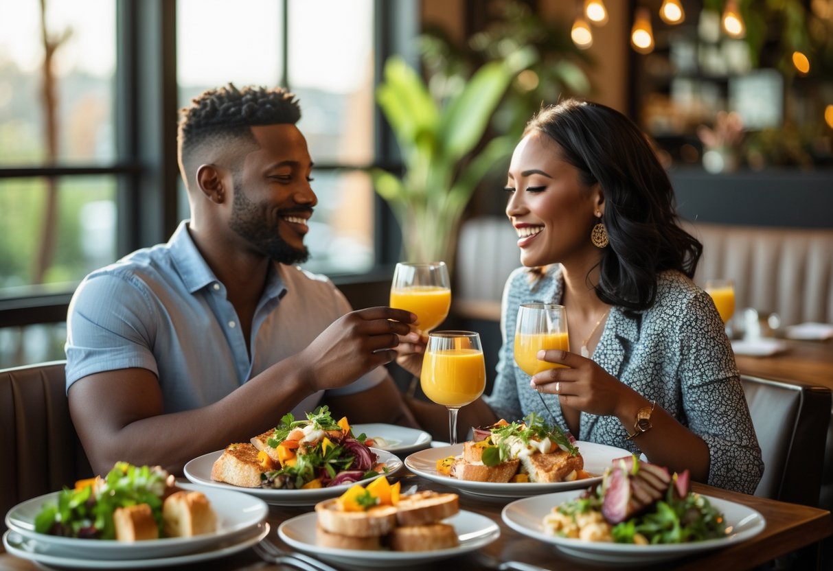 A couple having brunch together at a modern restaurant with food on the table and natural light coming through large windows.