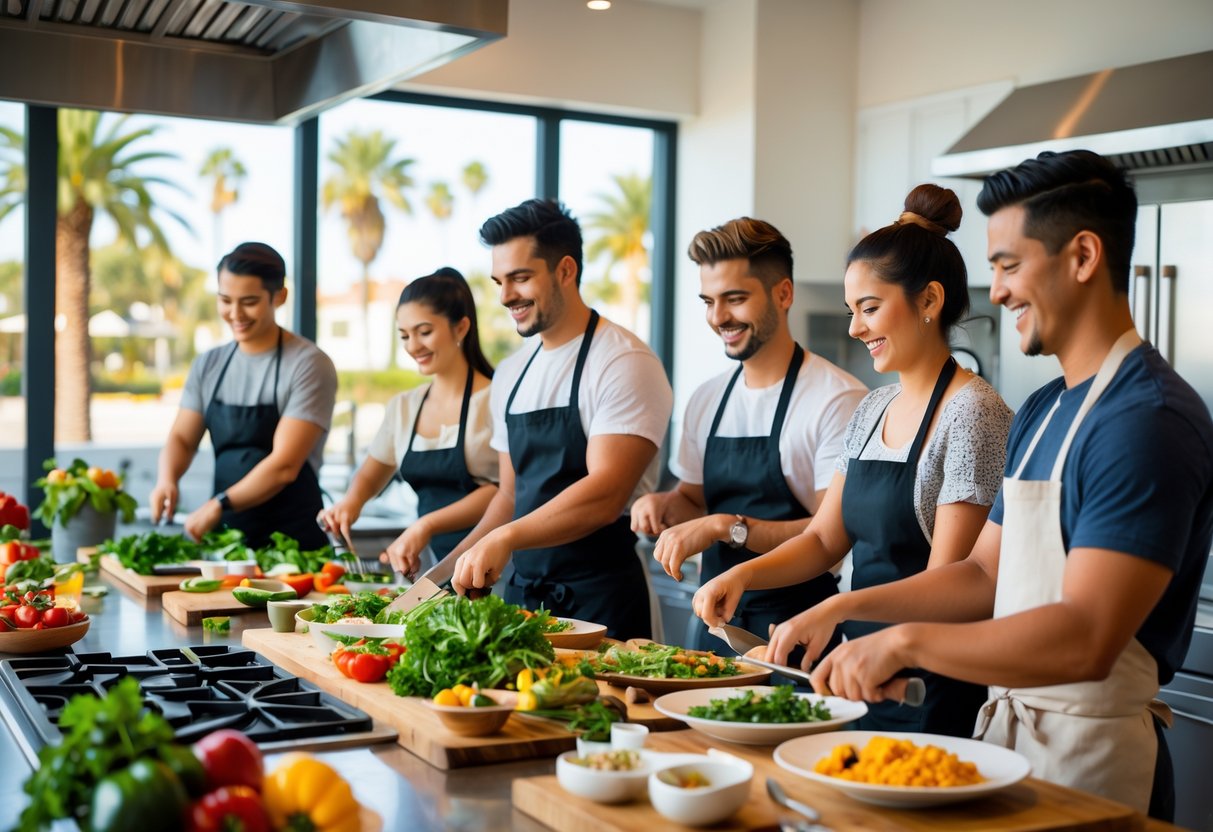 A group of young adults cooking together in a bright, modern kitchen with fresh ingredients and large windows showing palm trees outside.