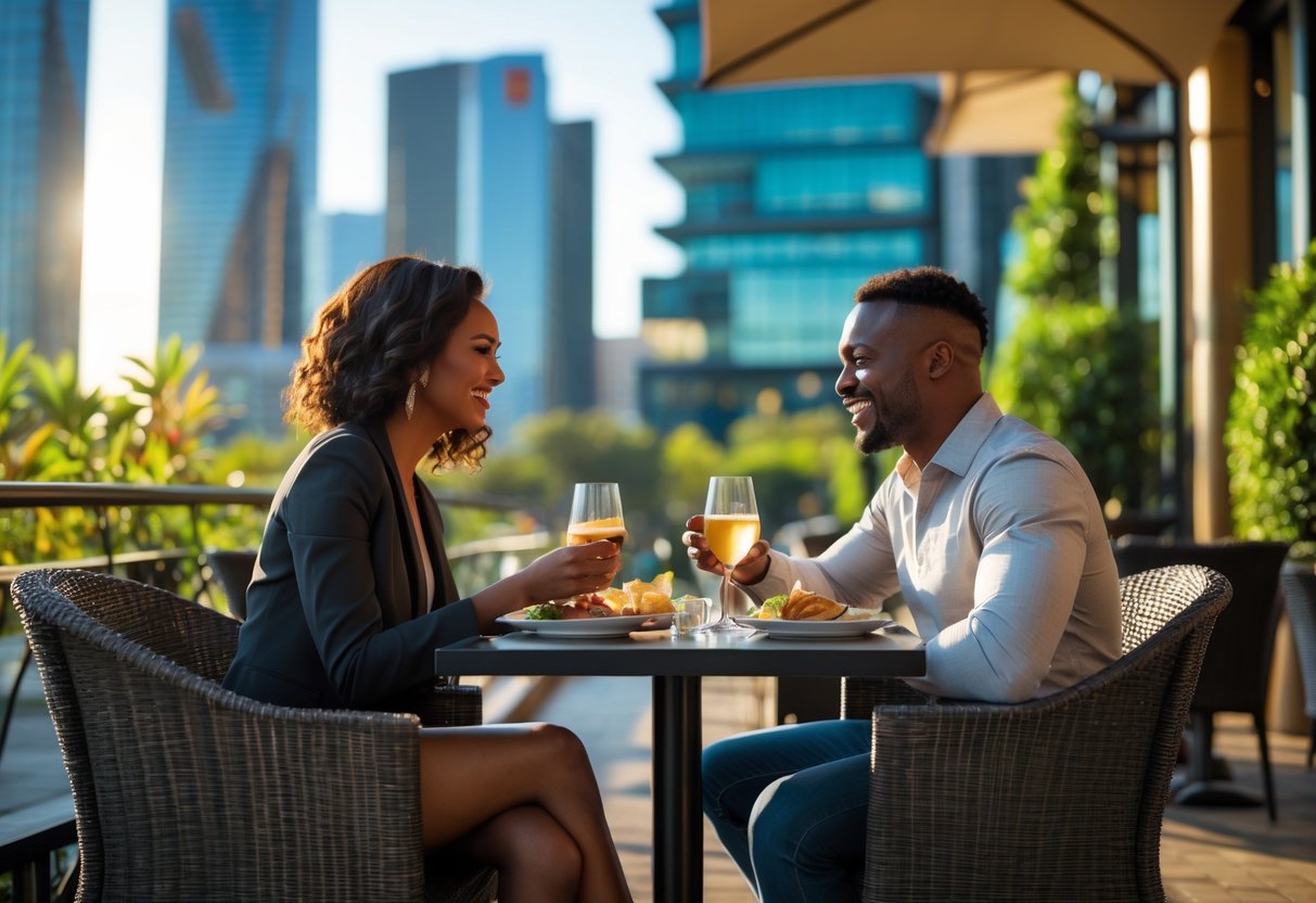 A couple enjoying a romantic outdoor date at a café with city buildings and greenery in the background.