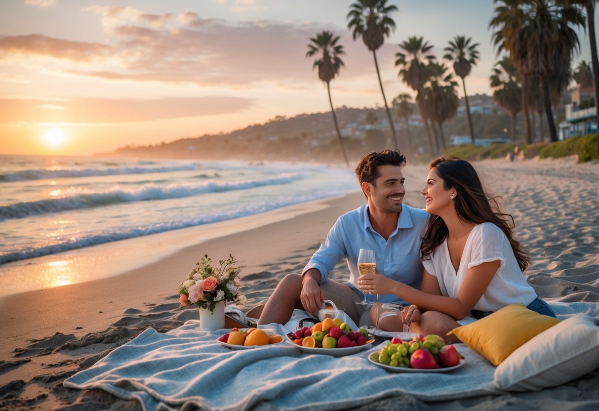 A young couple enjoying a sunset picnic on a Southern California beach with palm trees and ocean waves in the background.