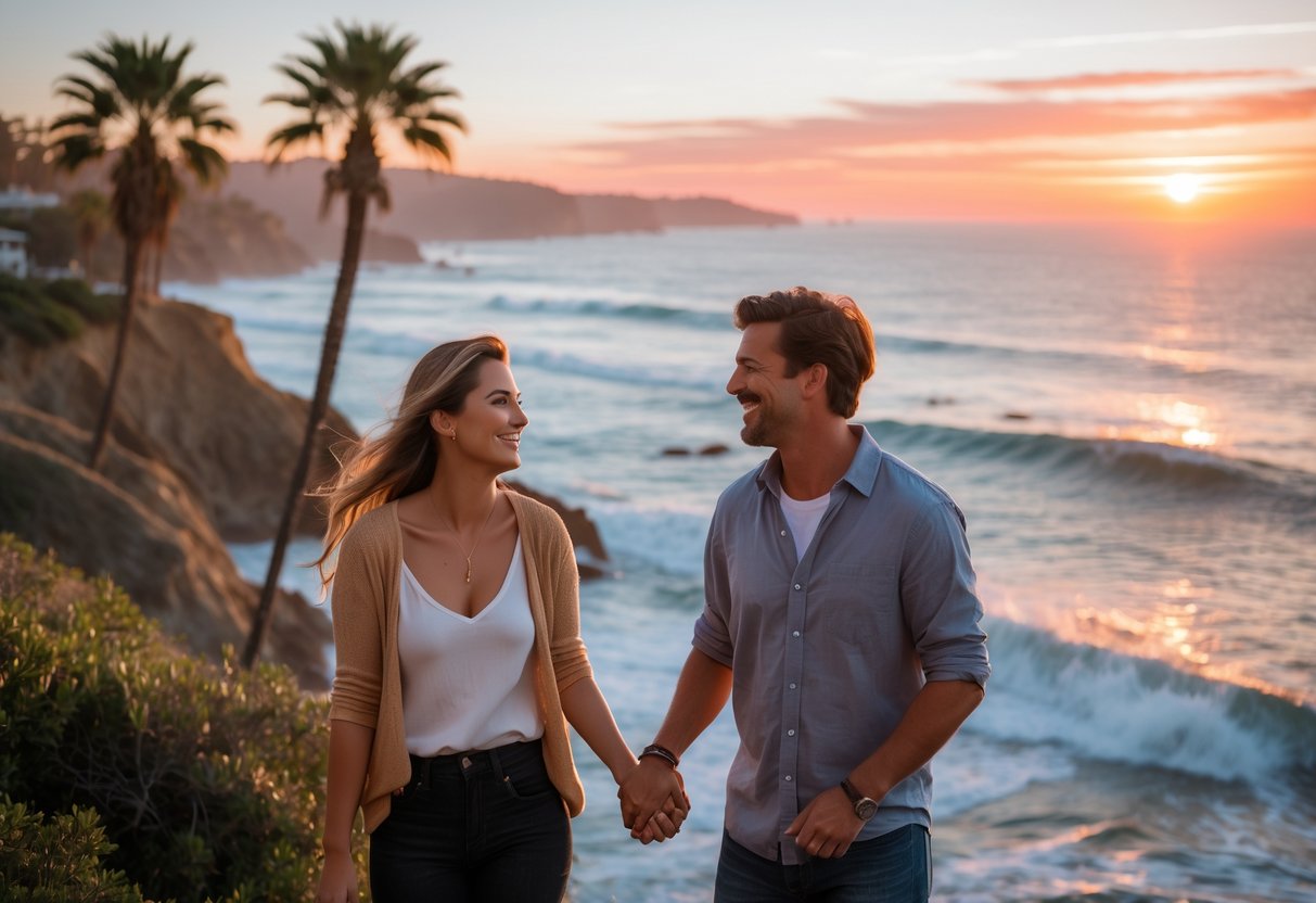 A young couple enjoying a sunset together on a Southern California beach with palm trees and ocean waves in the background.