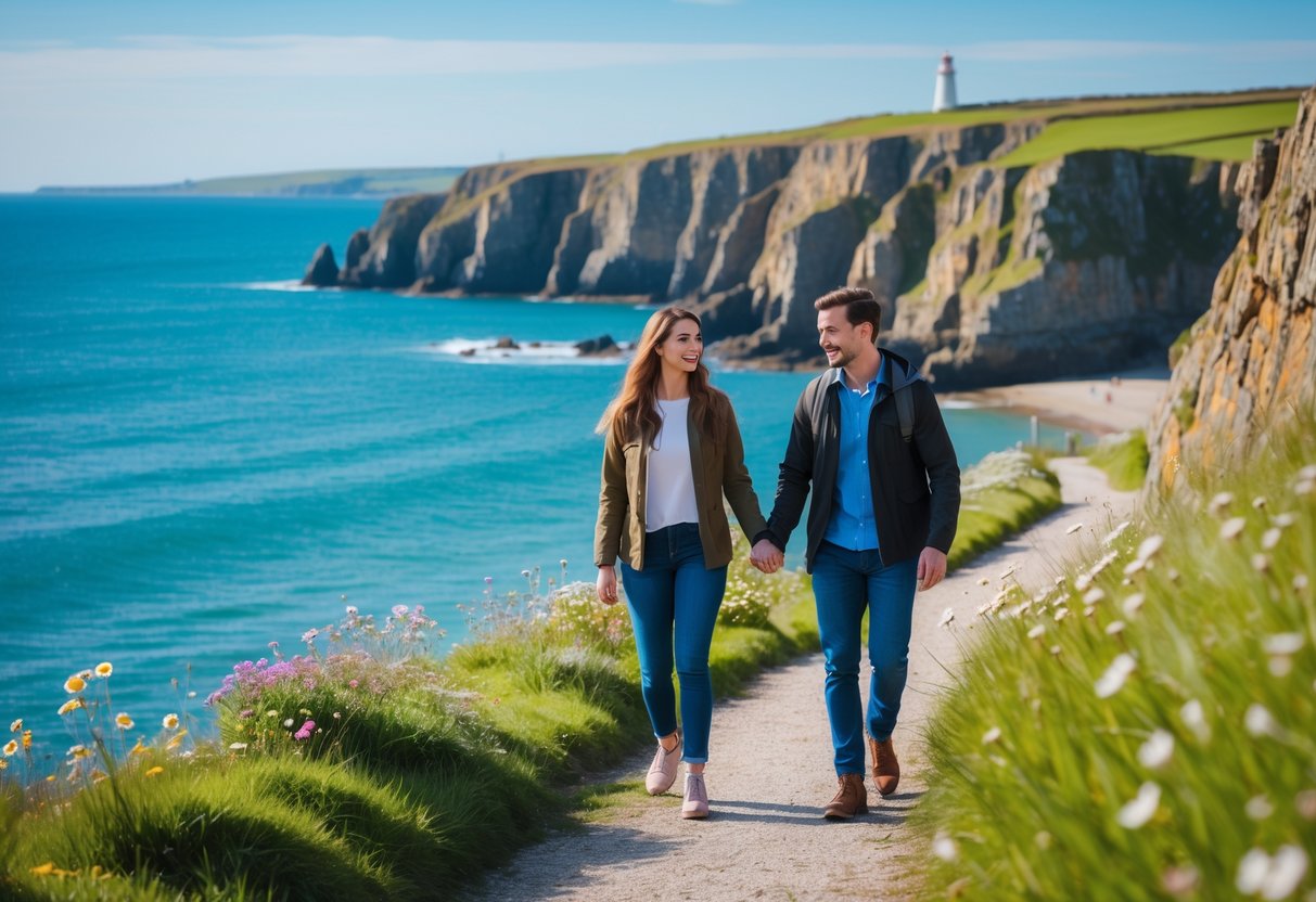 A couple walking hand in hand along a coastal cliff path with the sea and a lighthouse in the background.