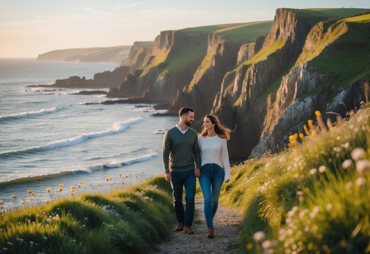 A couple walking hand in hand along a grassy cliffside by the sea with waves crashing on rocks beneath a clear sky.