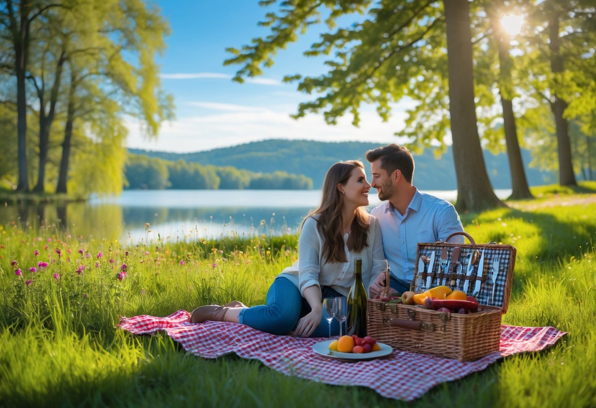 A couple enjoying a picnic on a blanket in a green park with trees, wildflowers, and a lake in the background.