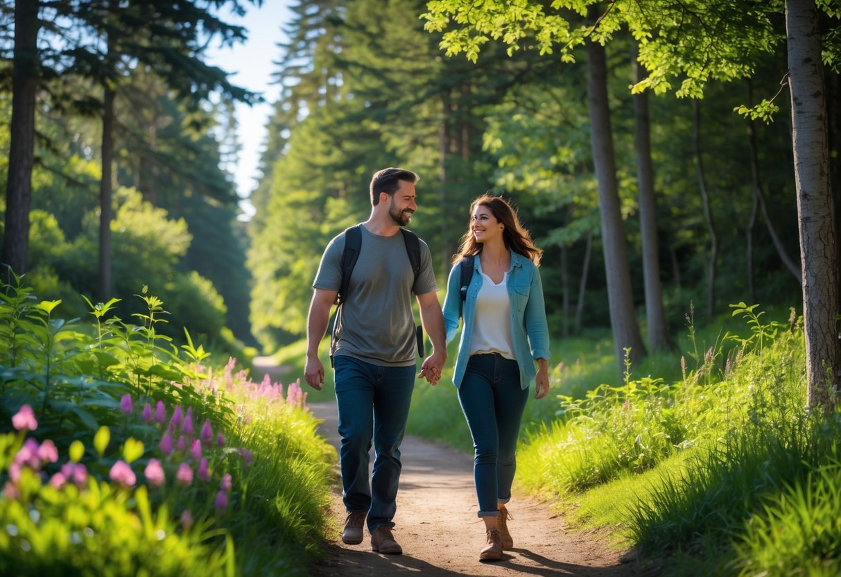 A couple walking together on a green forest trail surrounded by trees and sunlight.