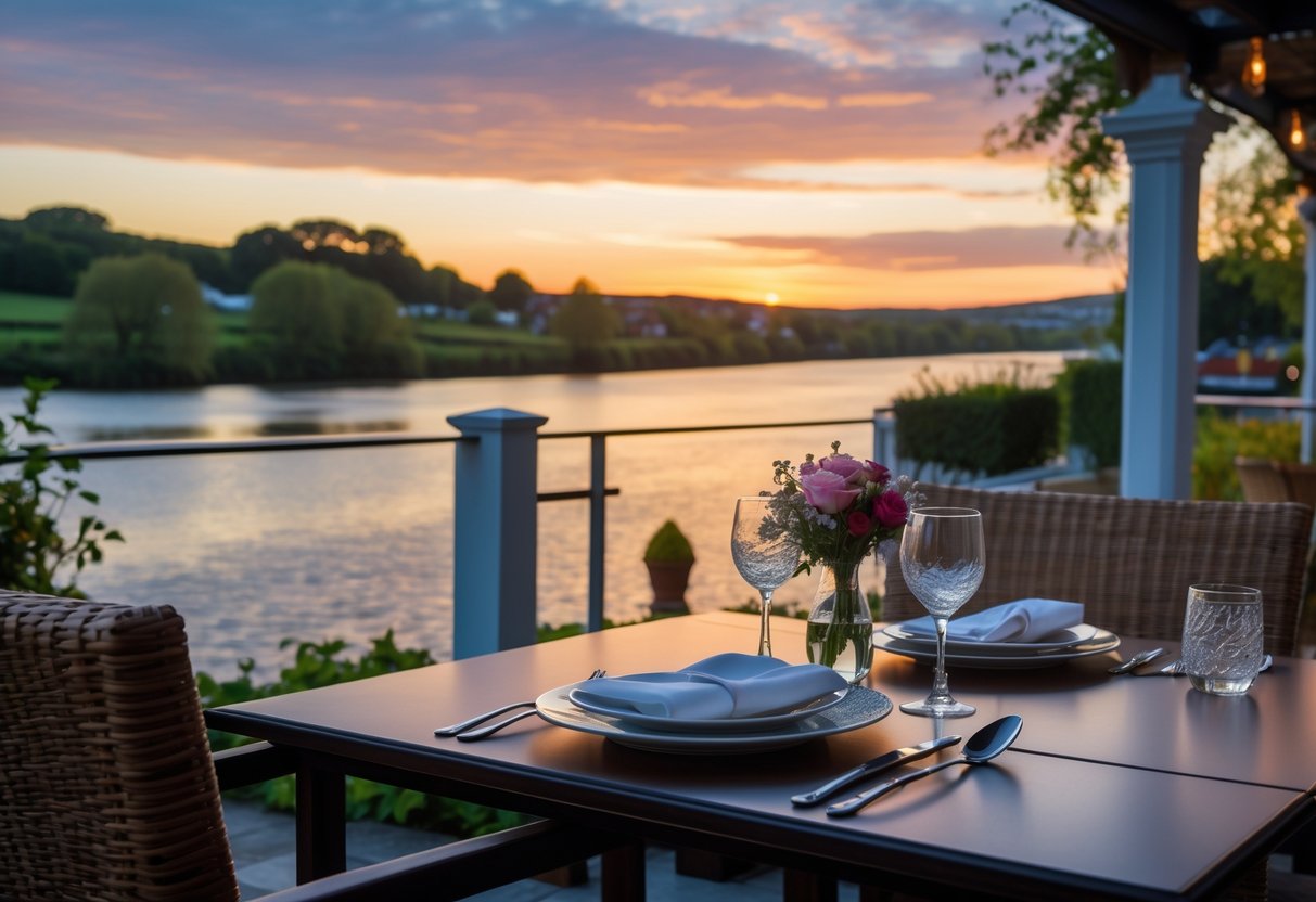 A romantic dinner table set for two on a terrace overlooking a river at sunset.