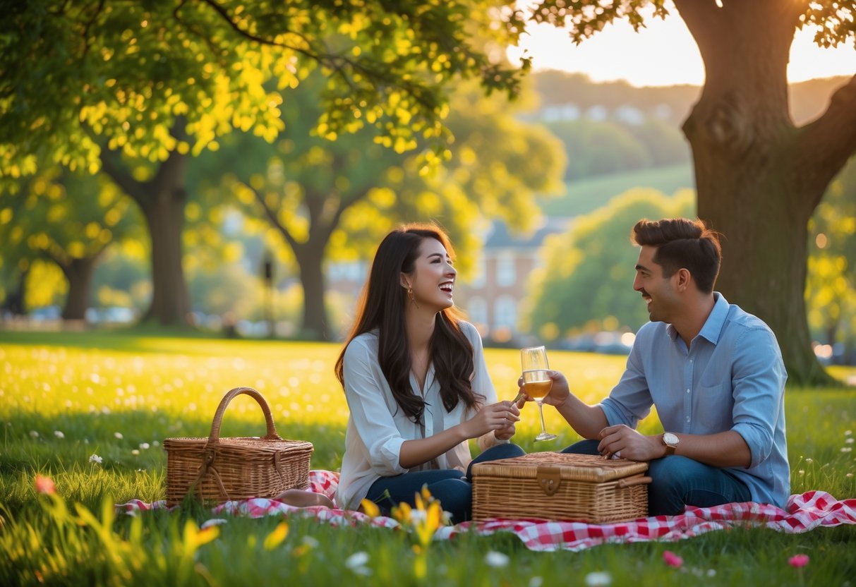 A young couple enjoying a picnic together in a sunny park with green trees and flowers in Surrey.
