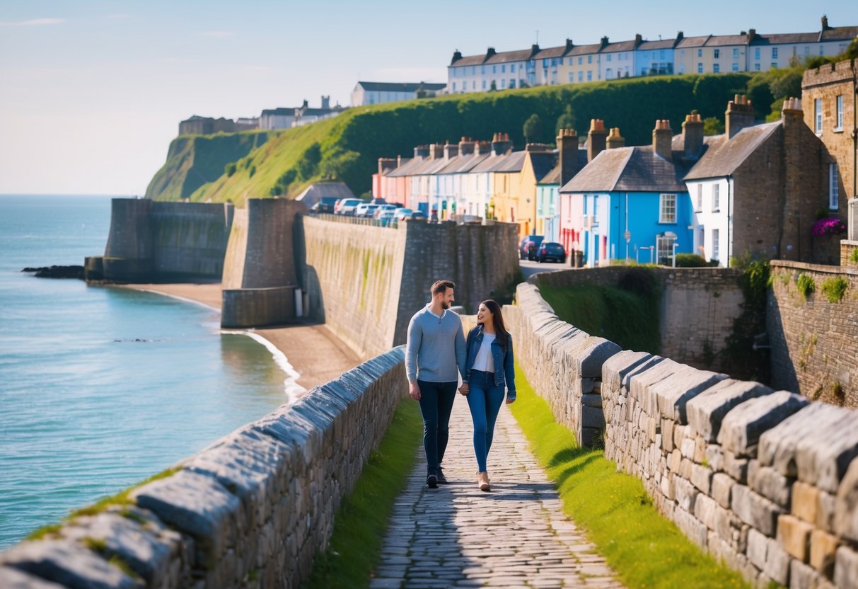 A couple walking hand in hand along Tenby's medieval stone walls by the seaside with historic buildings in the background.
