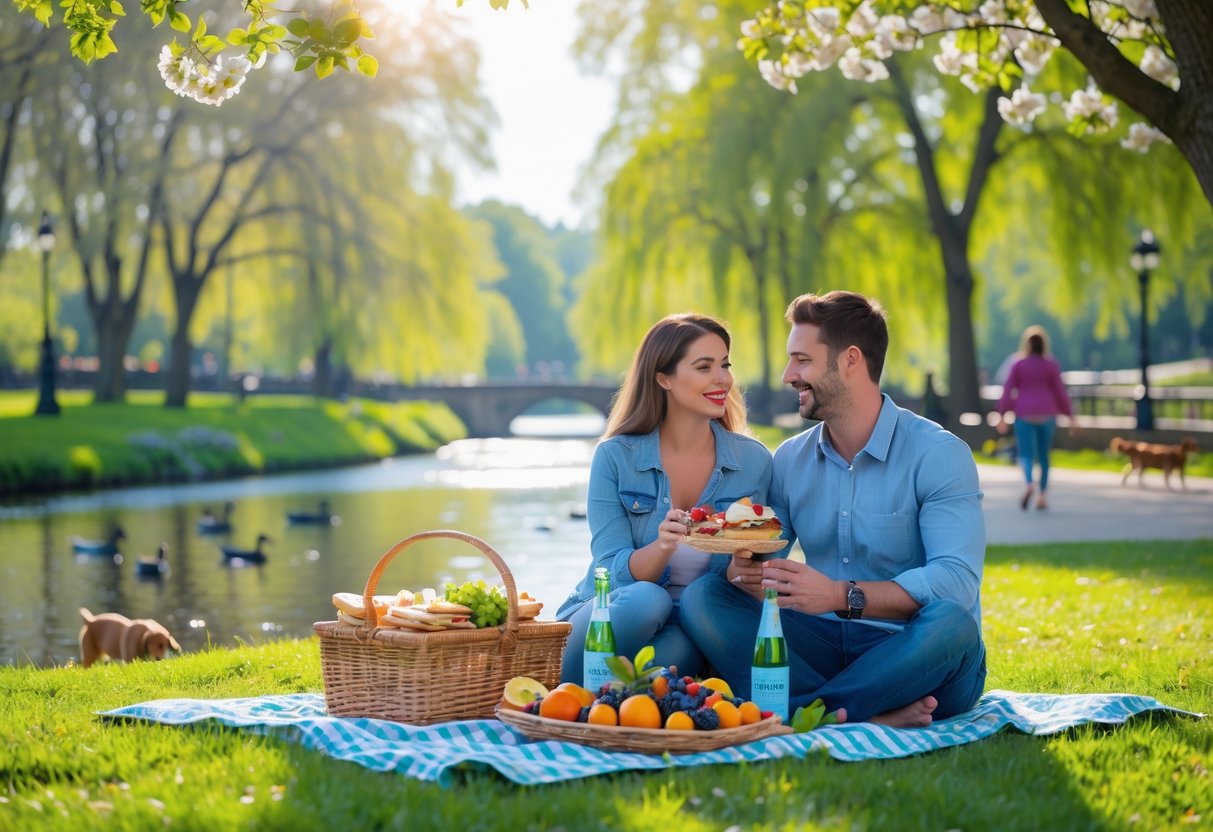 A couple sitting on a picnic blanket in a sunny park, sharing food and enjoying a peaceful Sunday outdoors.