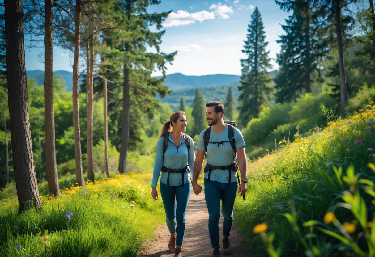 A couple hiking on a forest trail surrounded by green trees and wildflowers under a sunny sky.
