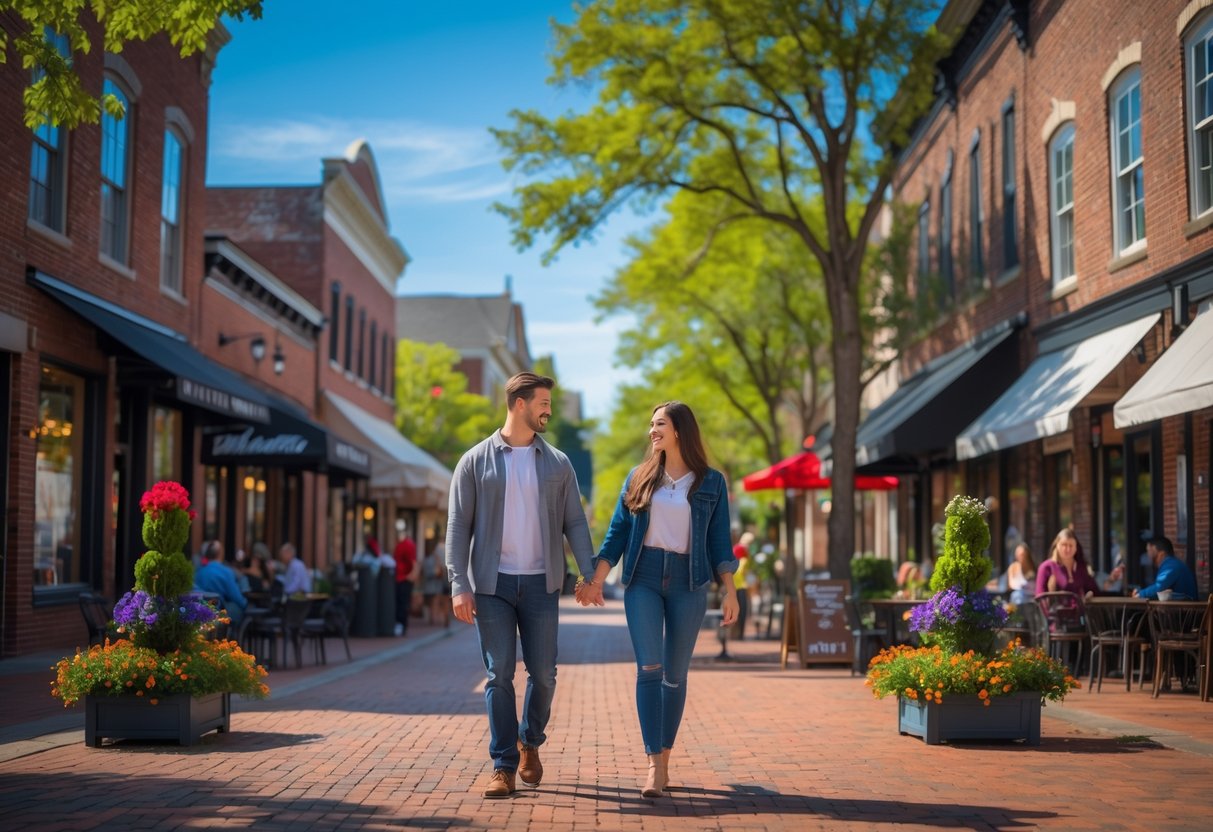 A young couple walking hand-in-hand on a sunny street in Spartanburg, South Carolina, with historic buildings and outdoor café seating nearby.