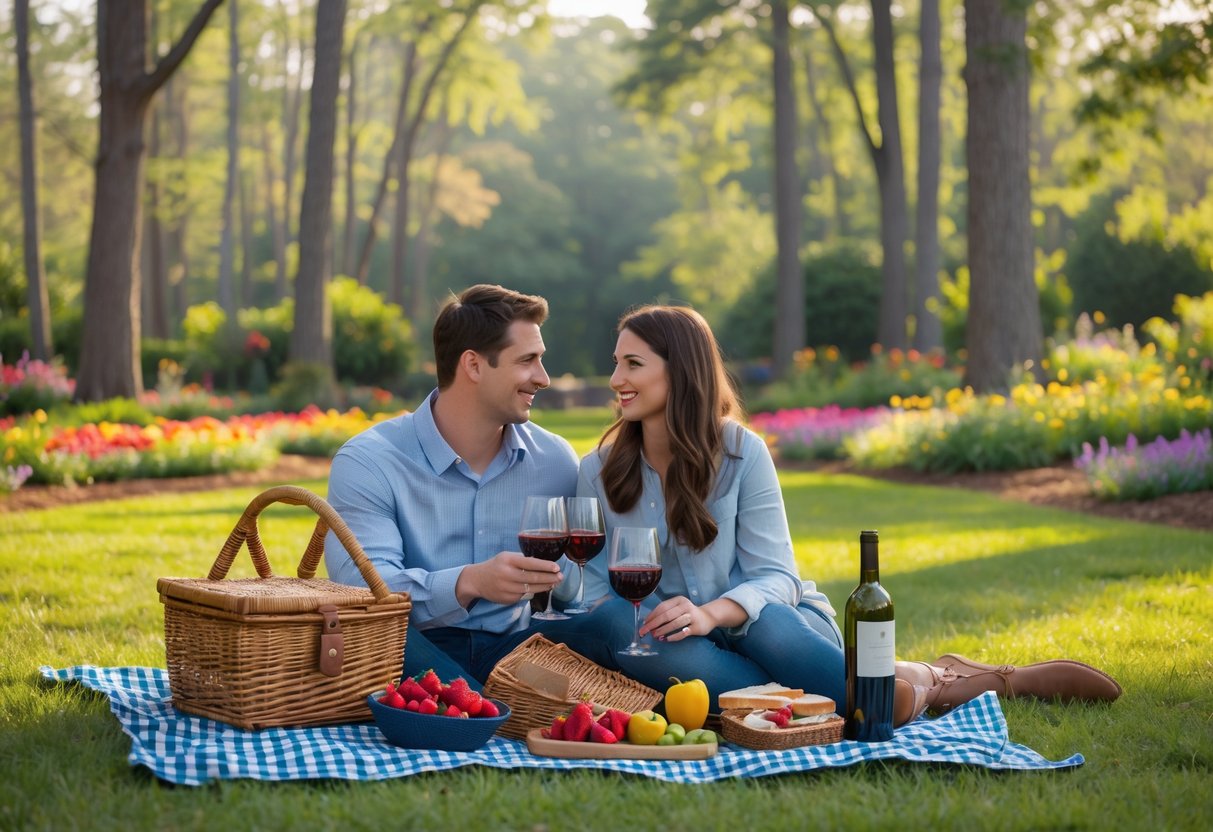 A young couple enjoying a picnic on a blanket in a lush garden with trees and flowers around them.
