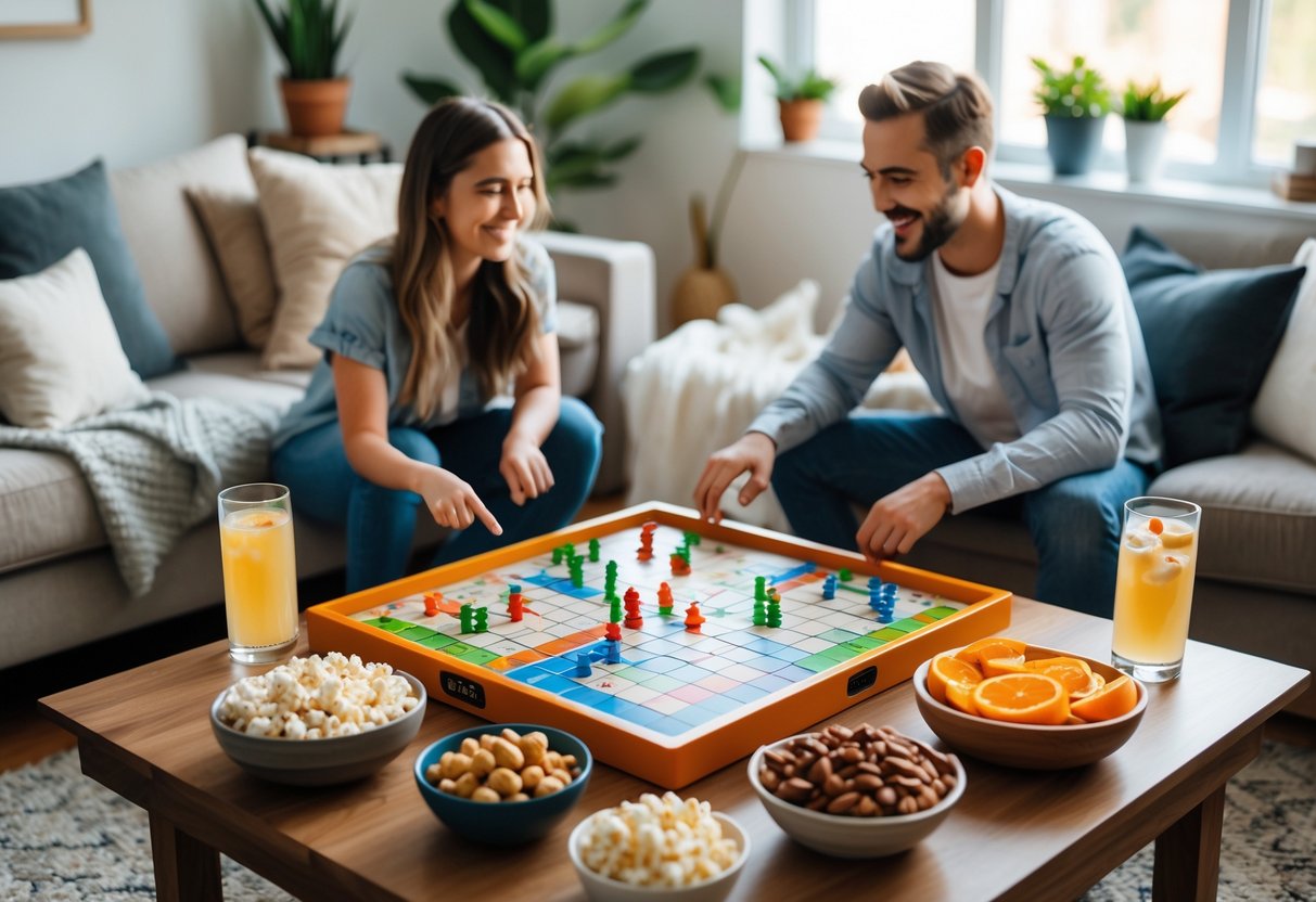 Two people playing a board game at a coffee table with snacks and drinks in a cozy living room.