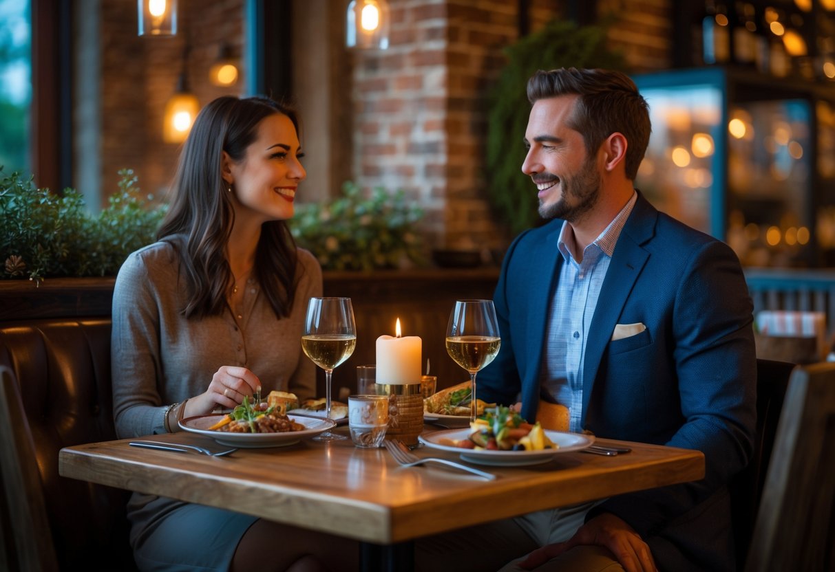 A couple enjoying a romantic dinner at a cozy restaurant with warm lighting and rustic decor.