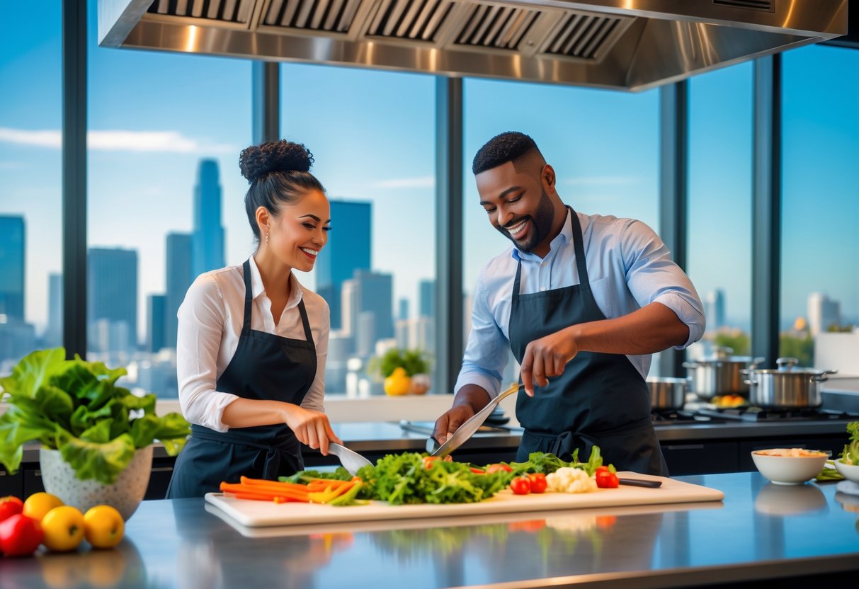A couple cooking together in a bright kitchen studio with a city skyline visible through large windows.
