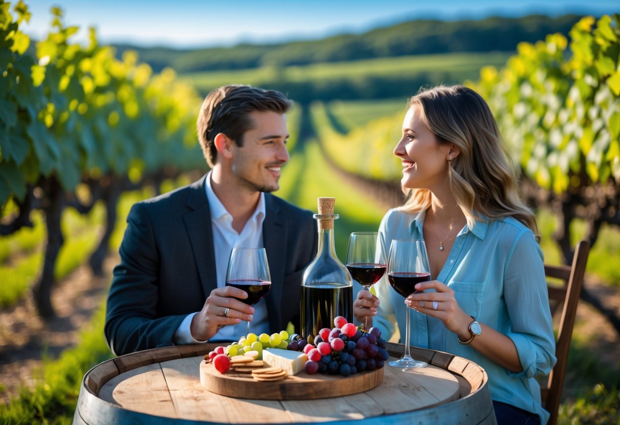 A couple enjoying wine tasting at an outdoor vineyard table surrounded by grapevines.
