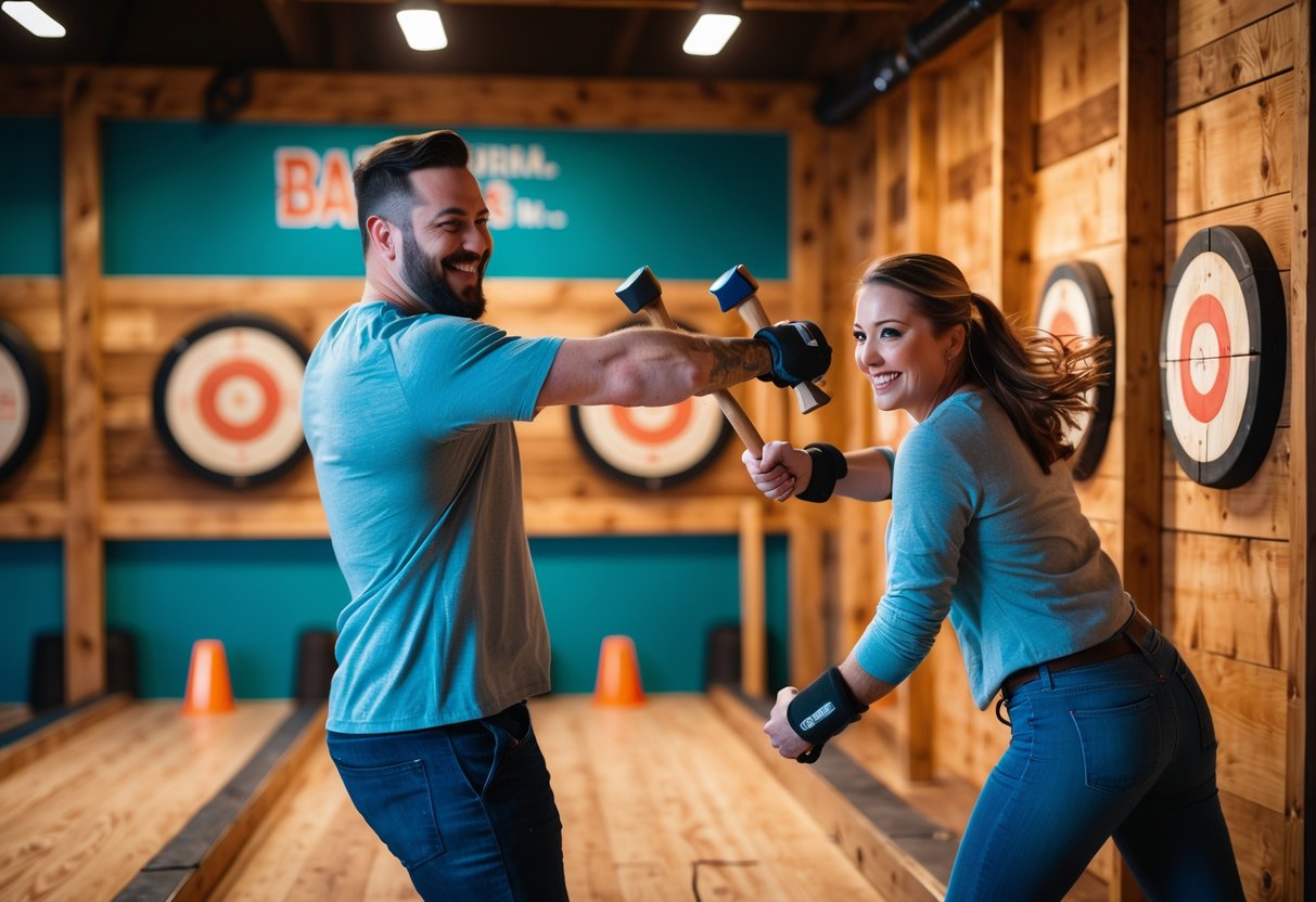 A couple throwing axes at wooden targets inside an indoor axe throwing venue.