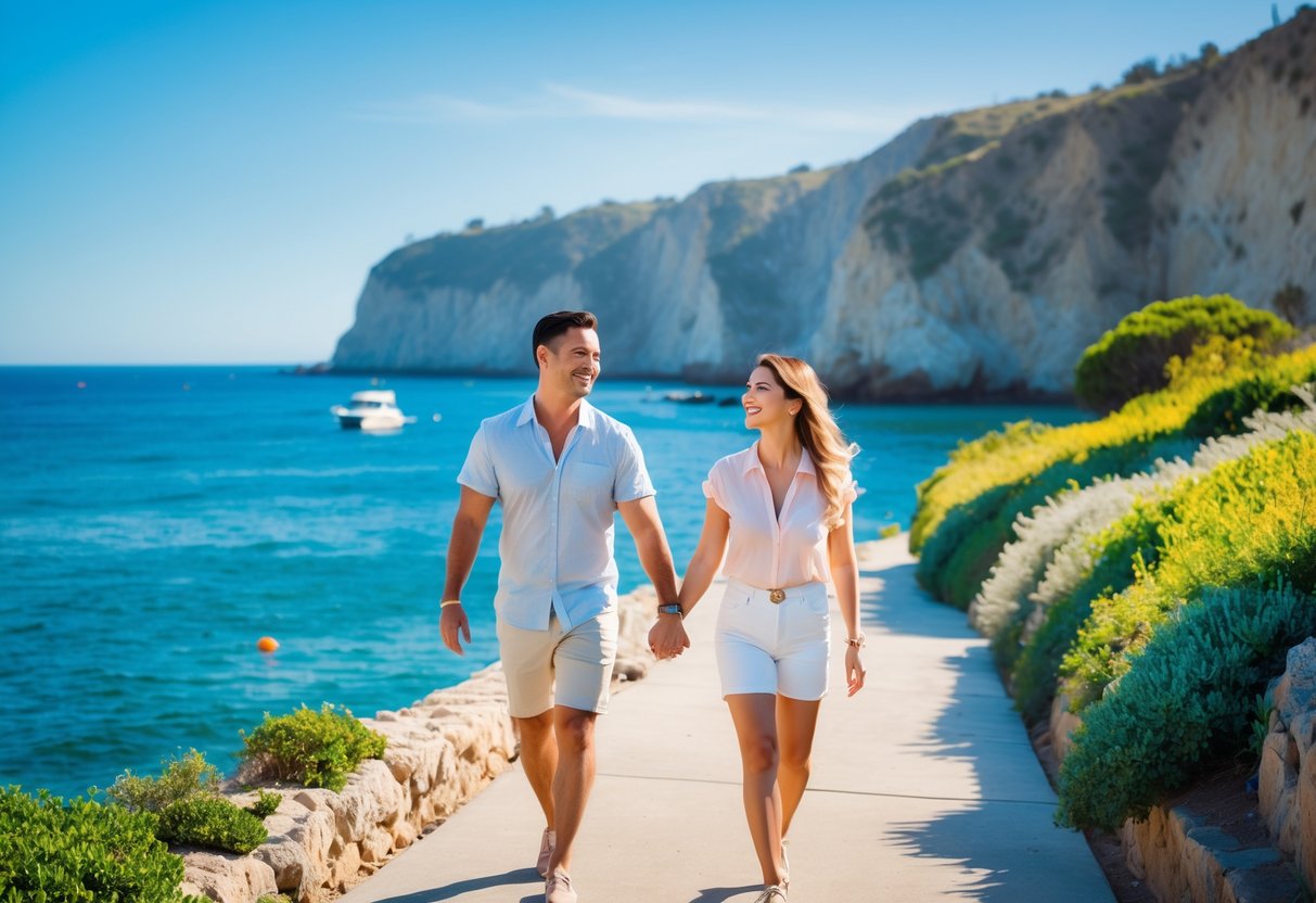 A smiling couple walking hand in hand along a coastal path with blue ocean and cliffs in the background on a sunny day.