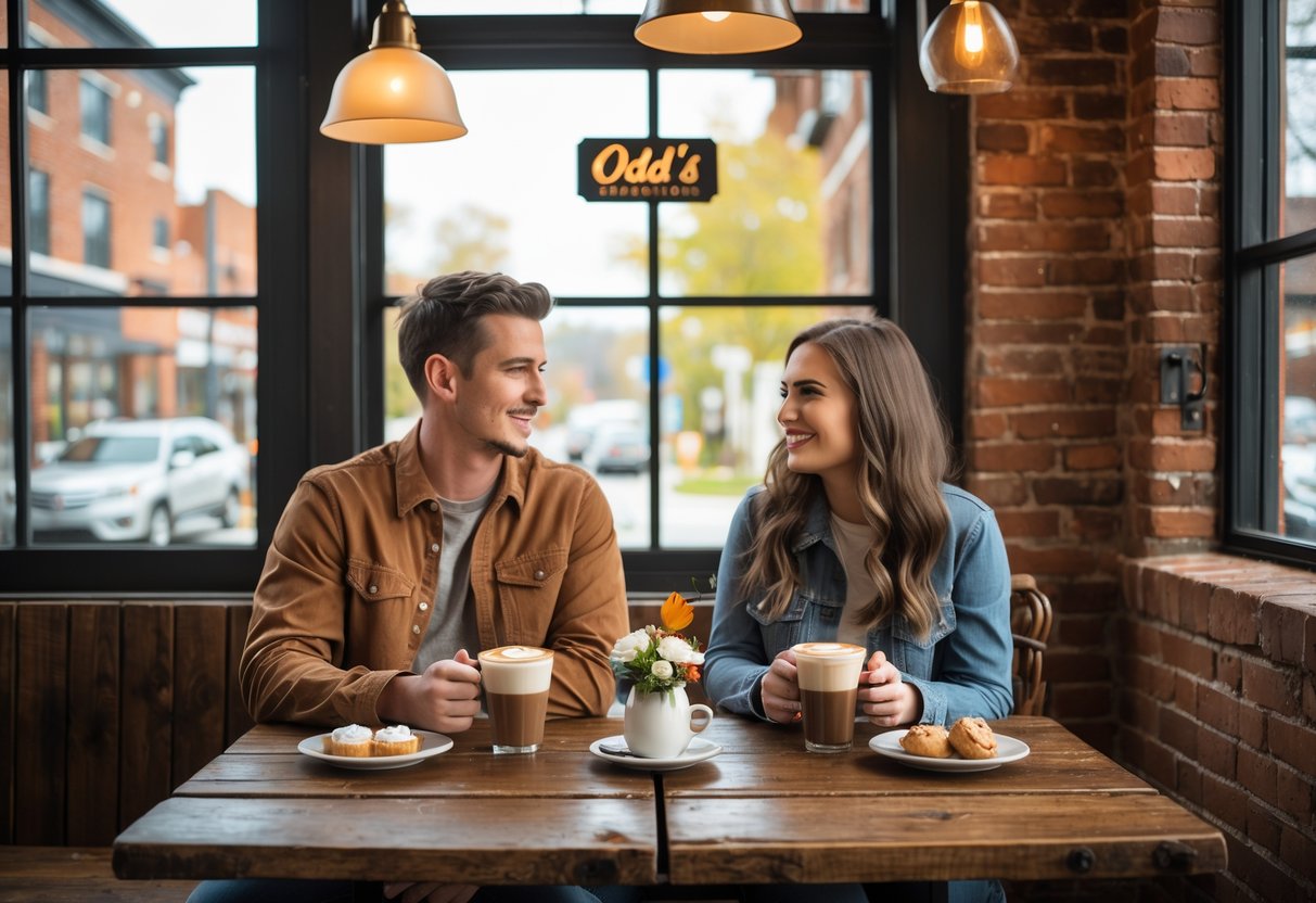 A young couple enjoying coffee together at a wooden table inside a cozy coffee shop with warm lighting and large windows.