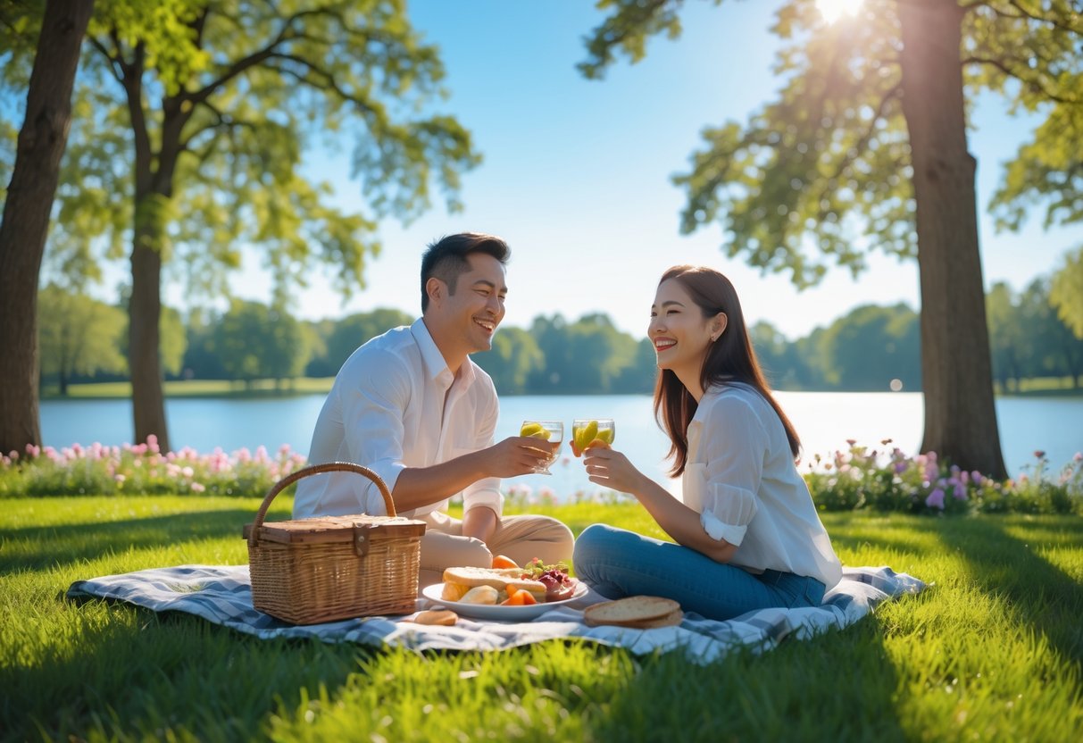A couple sitting on a picnic blanket in a park, enjoying a sunny Sunday afternoon together.