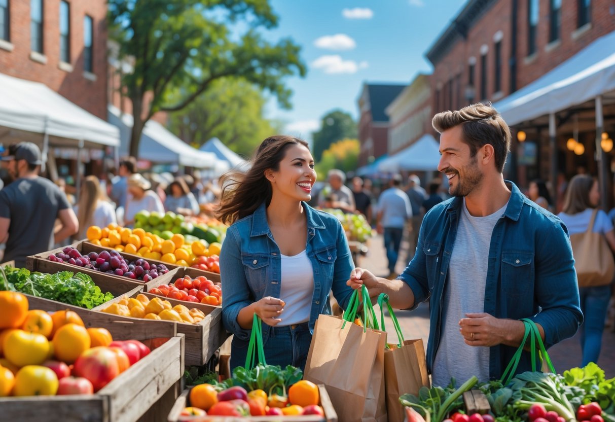 A young couple shopping together at an outdoor farmer’s market with colorful fruits and vegetables on display.