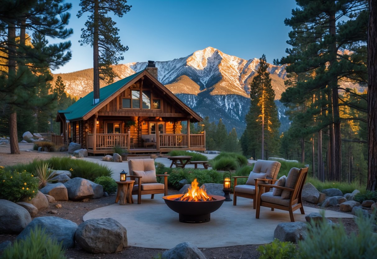 A wooden cabin in the mountains surrounded by pine trees and snow-capped peaks, with an outdoor seating area and fire pit.