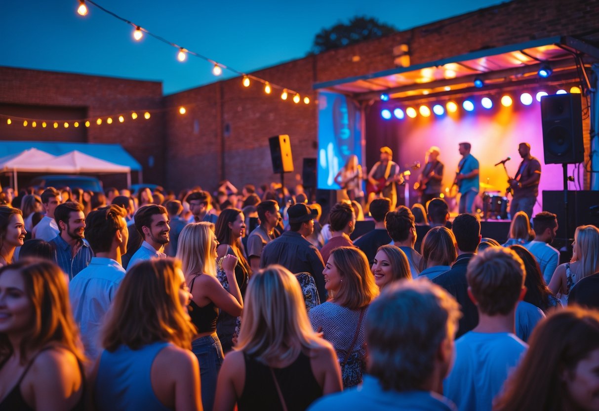 Couples and friends enjoying live music at an outdoor concert venue in Spartanburg, South Carolina during the evening.