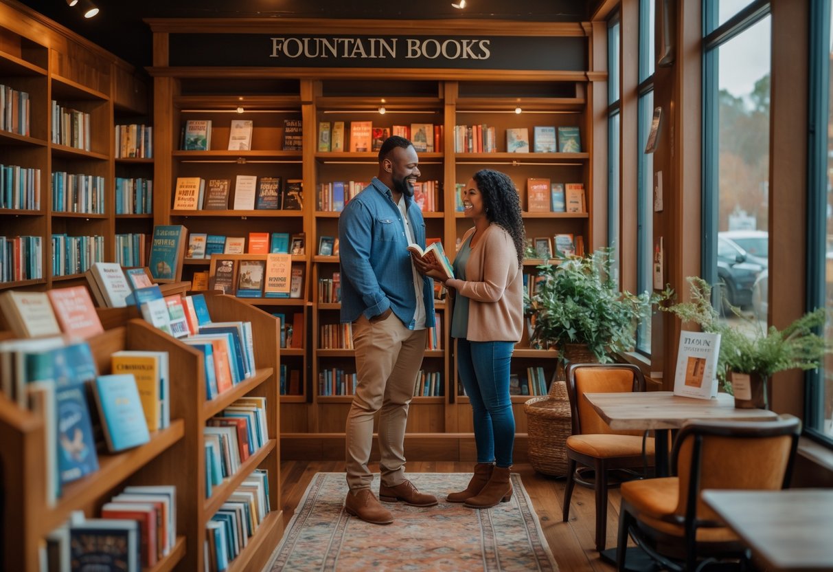 A couple browsing books together inside a cozy bookstore with wooden shelves and natural light.