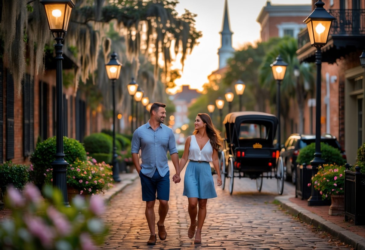 A couple walking hand-in-hand on a cobblestone street in Savannah with historic buildings, Spanish moss, and a horse-drawn carriage in the background near the waterfront.