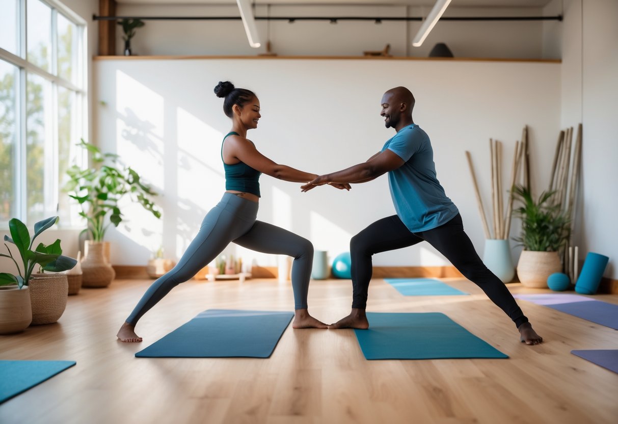 A couple practicing partner yoga together inside a bright yoga studio.